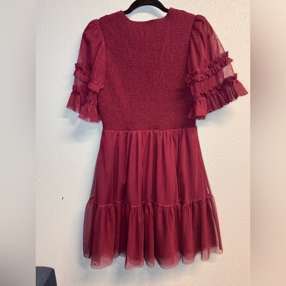 Boden Burgundy Smocked Tulle Tiered Mini Party Dress - Size US 8R romantic party - Picture 4 of 11